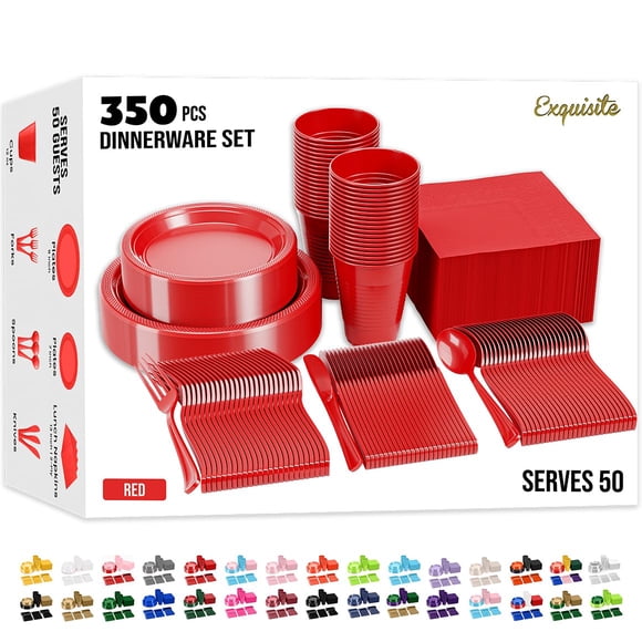 Juego de vajilla desechable Exquisite, 350 piezas, para fiesta, color rojo