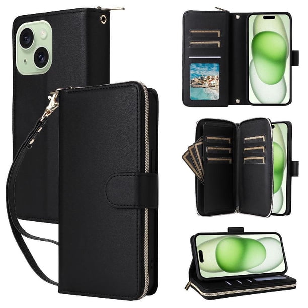 Funda Cartera con Cremallera y Correa para iPhone 15 Plus Soporte y Tarjetero Negro