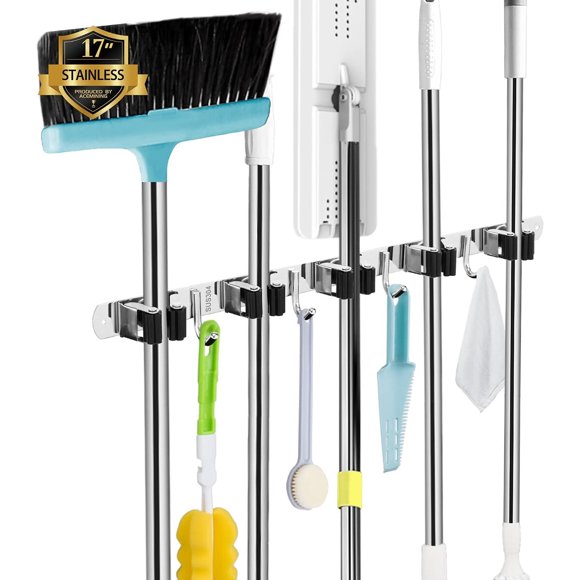 AceMining Organizador de escobas y trapeadores de pared, 5 soportes y 4 ganchos