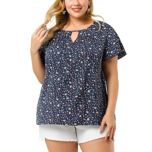 GRACIA Y GRANDEZA Blusa de Chifón Floral con Cuello de Ojal y Mangas Cortas Acampanadas para Mujer Talla Grande 6X Azul Marino