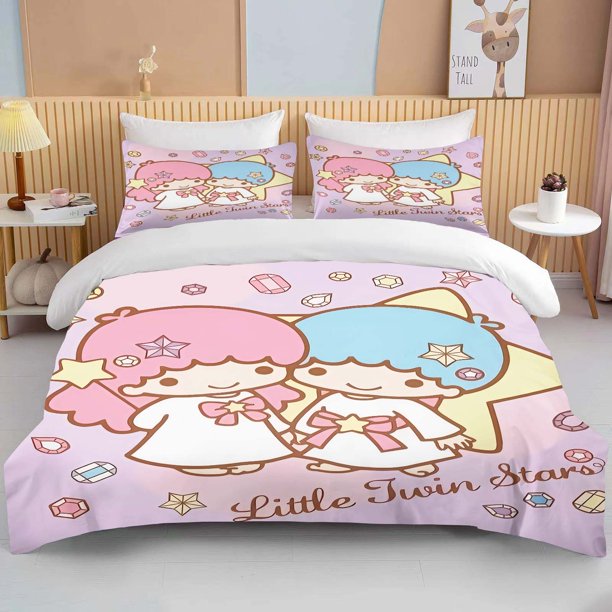 Sanrio Little Twin Stars Printed Bedding Set Cartoon Anime Microfiber Bed Set Pillowcase Adult Bed Cover Bedroom Bed Set Duvet Bed Sheets