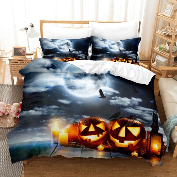 Halloween Pumpkin Series Three-Piece Home Textile Set Digital Printing 90G Brushed down Quilt Cover Pillowcase