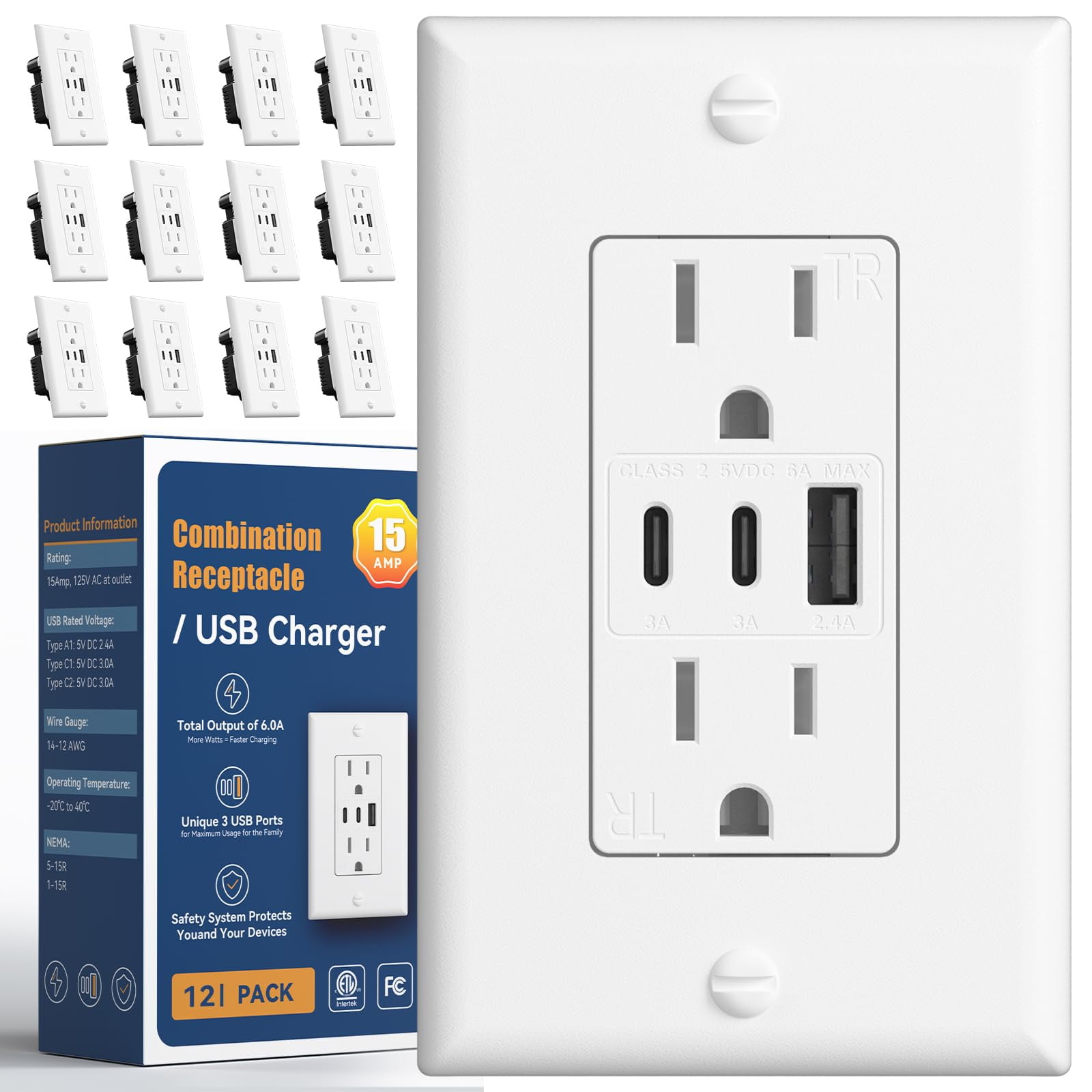 Paquete De 12 Enchufes Usb Amico, 3 Puertos, 30 W, 15 A, Con 2 De Tipo C Y 1 De Tipo A