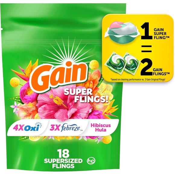 Gain Super Flings Laundry Detergent Pacs, 18 Count, Hibiscus