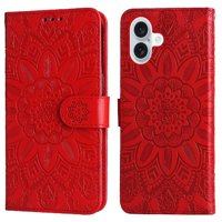 Funda Tipo Cartera Foxdock Para Iphone 16 , Diseño Girasol En Relieve, Cuero Pu, Cierre Magnético, Soporte Y Tarjetero