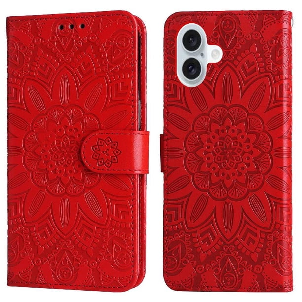 Funda tipo cartera FOXDOCK para iPhone 16 , diseño girasol en relieve, cuero PU, cierre magnético, soporte y tarjetero
