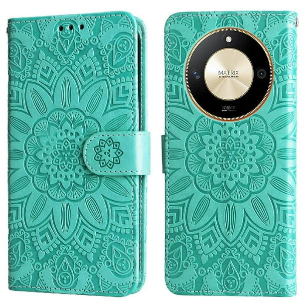 Funda tipo cartera FOXDOCK para Honor X50 Pro , diseño girasol en relieve, cuero PU, cierre magnético, soporte y tarjetero
