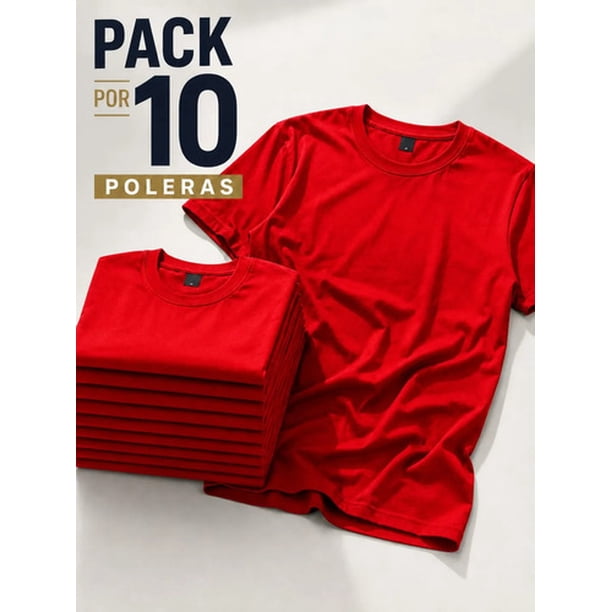 Pack 10 Poleras Basicas 100% Algodon Cuello Redondo 200g Rojo L Lisa