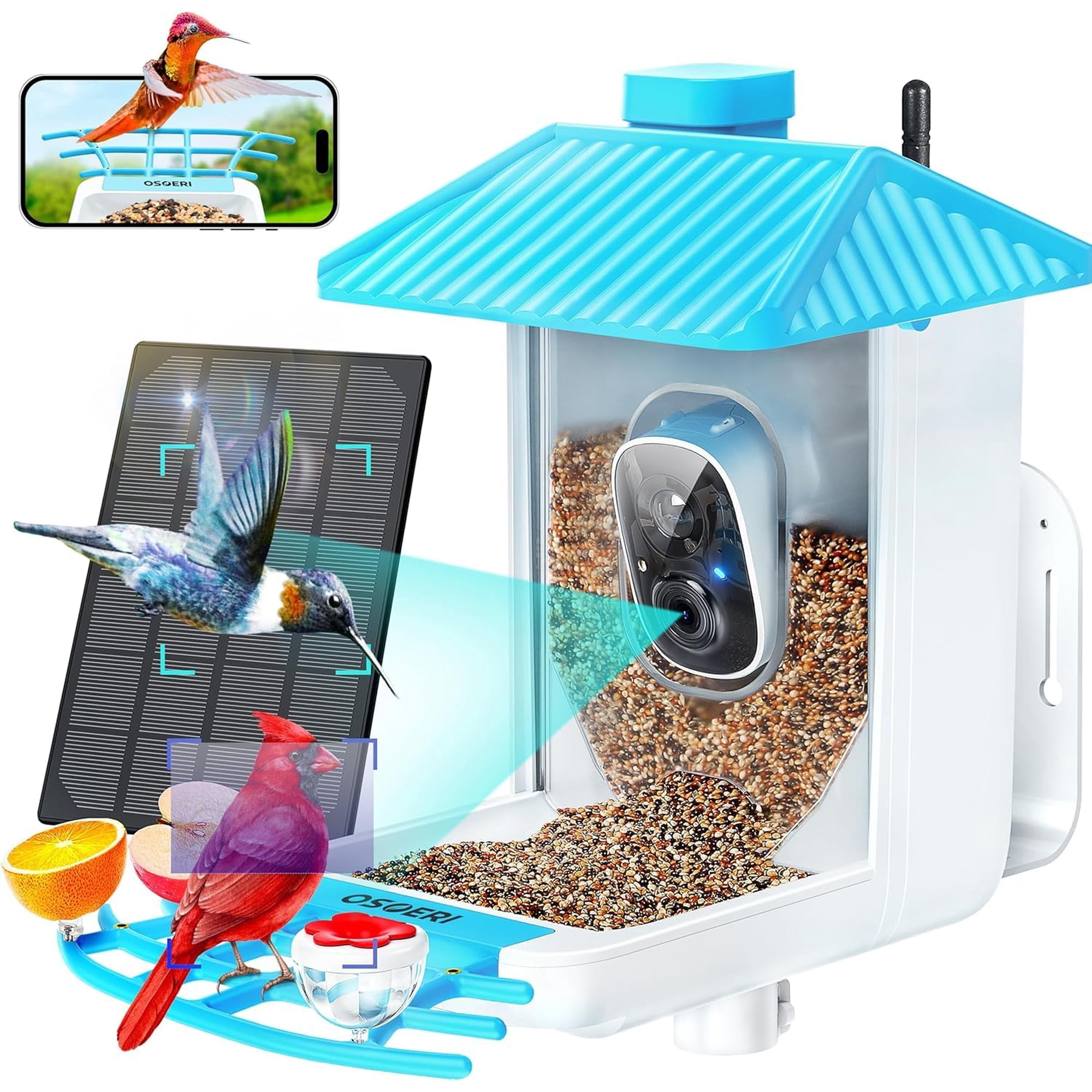 Comedero Para Pájaros Osoeri Solar Smart Con Cámara 1080p Hd Wifi 2,4 Ghz