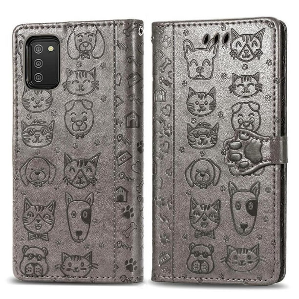 Funda Cartera FOXDOCK para Samsung Galaxy A02S , Flip PU con Relieve de Gatos y Perros, Tarjetero y Soporte
