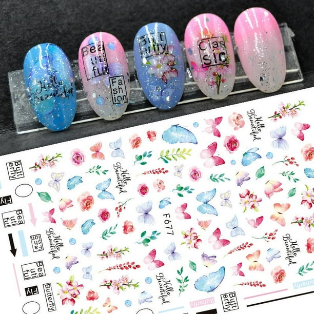 8 sheets Holographic Butterfly Nail Art Stickers - Blue and Purple Butterflies, Spring Theme Flowers, 3D Self-Adhesive Nail Decoration for Women and Girls