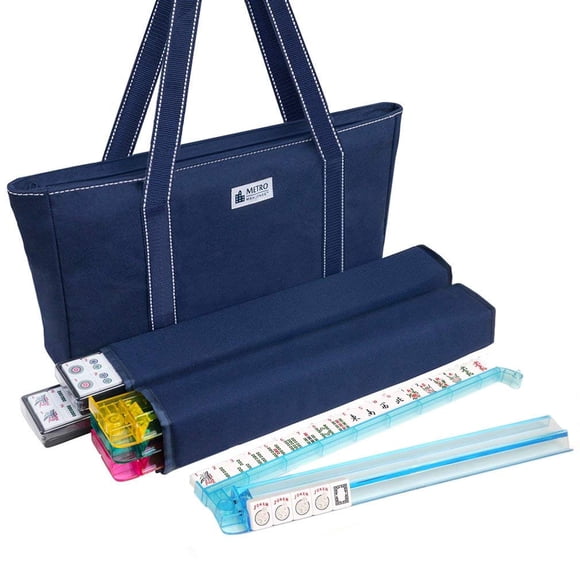 Mahjong Set Metro Mah Jongg 166 Premium con azulejos blancos, bolsa azul