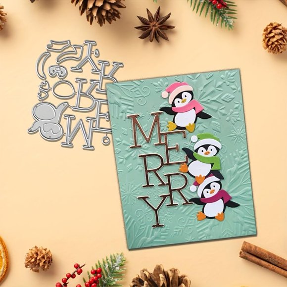 Troqueles Feemkota Feliz Navidad con Pingüinos para Tarjetería y Scrapbooking