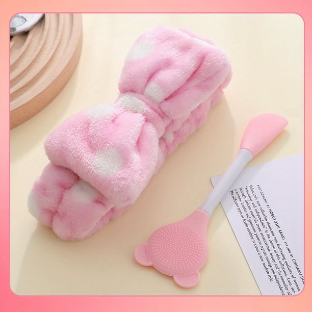 2Pcs Face Cleansing Set, 1pc Double-Ended Multifunction Cartoon Bear Design Silicone Facial Cleansing Brush & 1pc Coral Fleece Soft Bow Decor Hair Band, For Blackhead Cutin Removal, Skin Care, Dig And