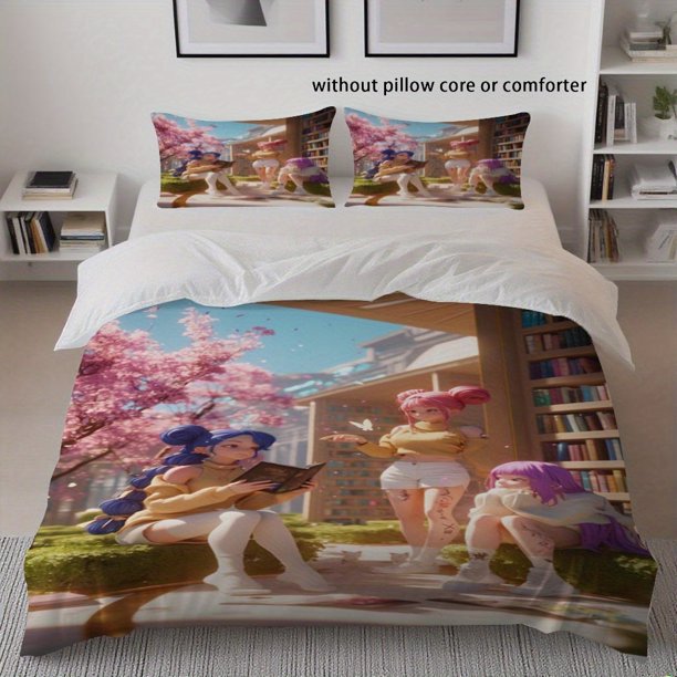 3pcs Anime-Themed Printed Duvet Cover Set - Vibrant Cherry Blossom & Character Design Soft Polyester