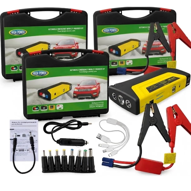 Arrancadores Mayorista Pack X3 Portatiles Para Bateria De Auto 12V Power Bank Cargador Rapido Celular Kit Auxilio Mecanico Con Pinzas Maletin Rigido Triple Para Flotas Y Empresas FIGOIMPORT
