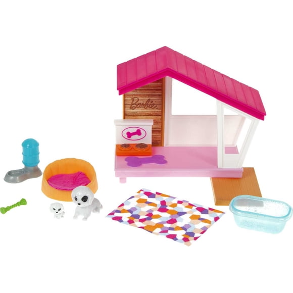 Miniset de juego Barbie con 2 cachorros de mascota, caseta de perro y accesorios