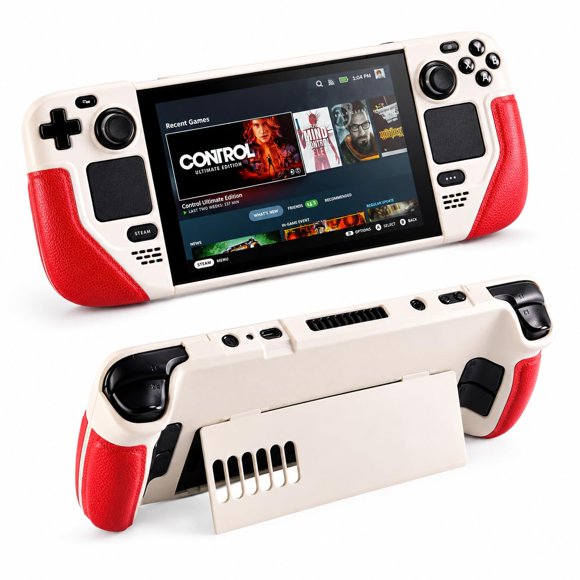 Funda UYIYE para Steam Deck con Soporte de Cuero – Blanco/Rojo