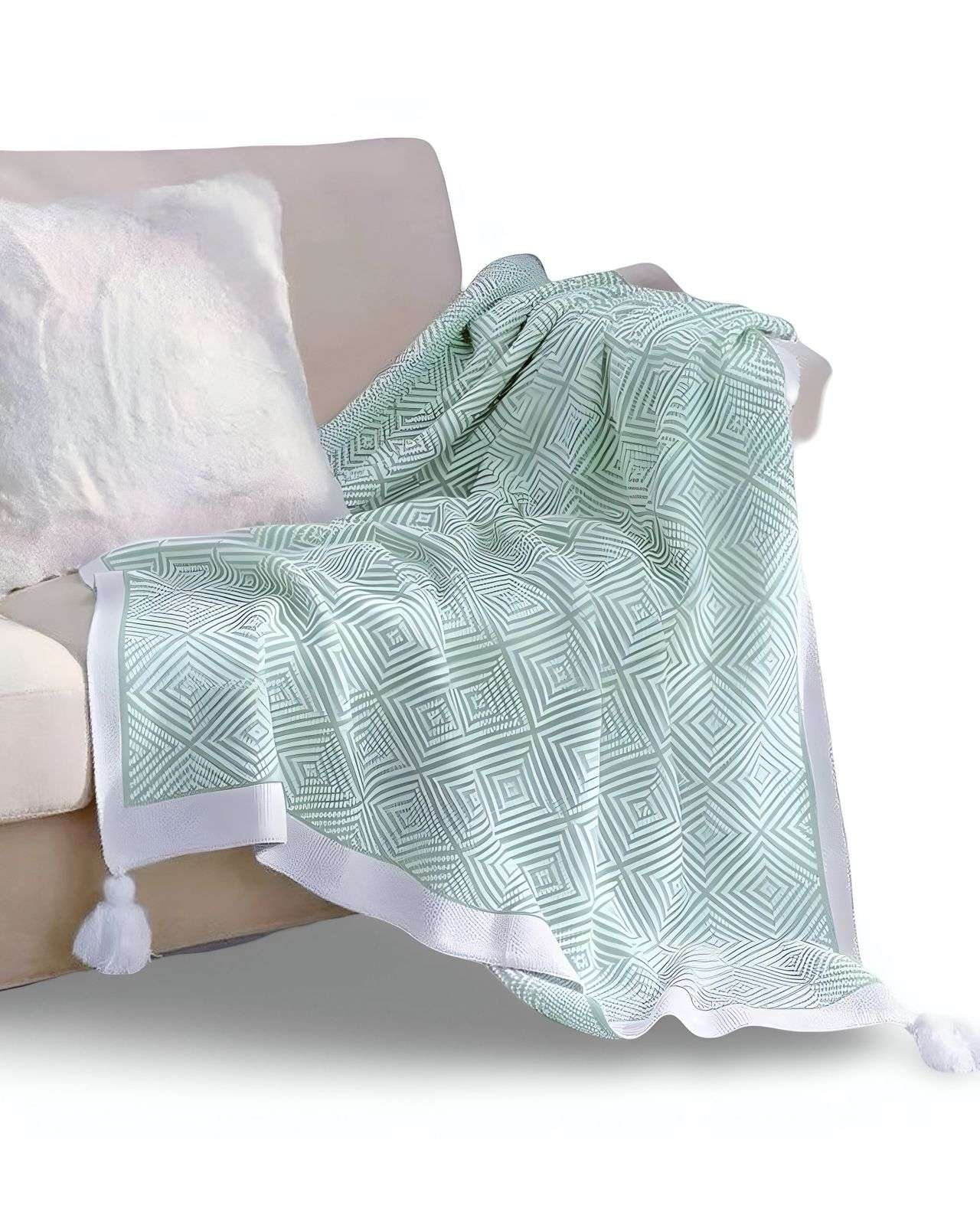 Tengfei - Mantas Para Sofas Camas U Oficinas Con Pompon 130X150 Cm Verde