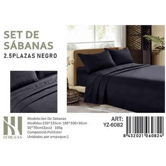 Set De Sabanas King Color Negro 200 Hilos + 2 Funda De Almohada