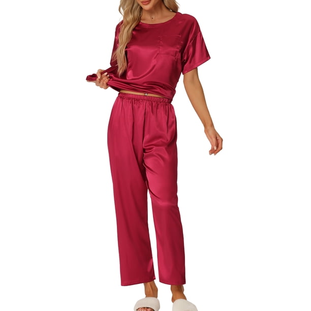 INSPIRE CHIC Conjunto de Pijama de Satén para Mujer Regreso a Clases Camisa de Dormir de Manga Corta Suave con Botones y Pantalones Largos con Bolsillo en el Pecho S Rojo