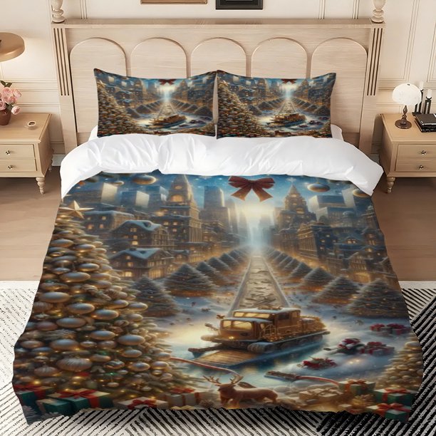 Christmas Fantasy Illustration Printed Bedding Set Soft Light Beige-Friendly Polyester Fabric