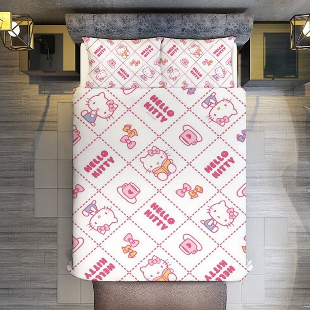 Cartoon Hello Kitty Plaid 3 Pieces Duvet Cover Set Full Size Super Soft Fade Resistant Microfiber