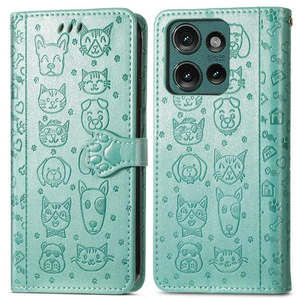 Funda Cartera FOXDOCK para Motorola Edge 2024 , Flip PU con Relieve de Gatos y Perros, Tarjetero y Soporte