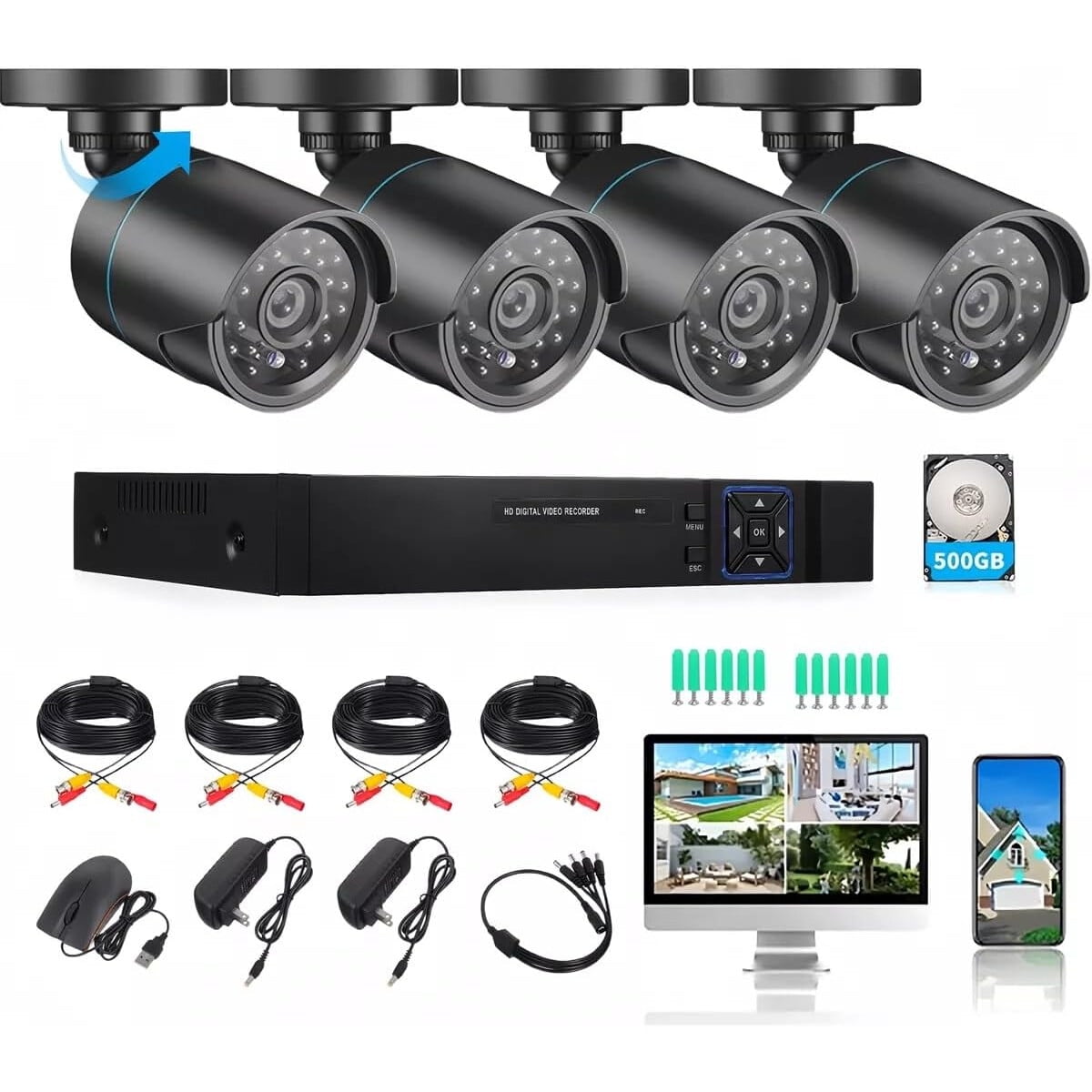 Kit Cámaras De Seguridad Besimli 4ch Dvr 5mp 500gb 4 Poe 1080p Visión Nocturna