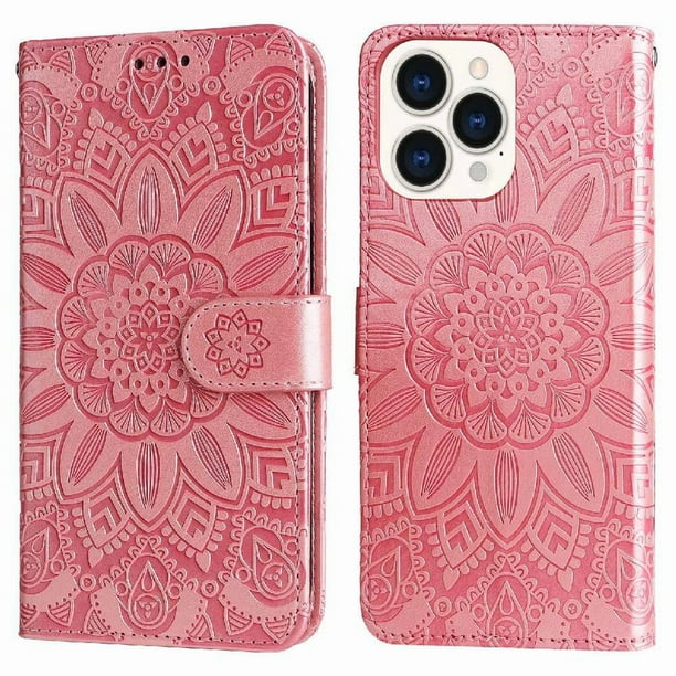 Funda tipo cartera FOXDOCK para iPhone 14 Pro Max , diseño girasol en relieve, cuero PU, cierre magnético, soporte y tarjetero