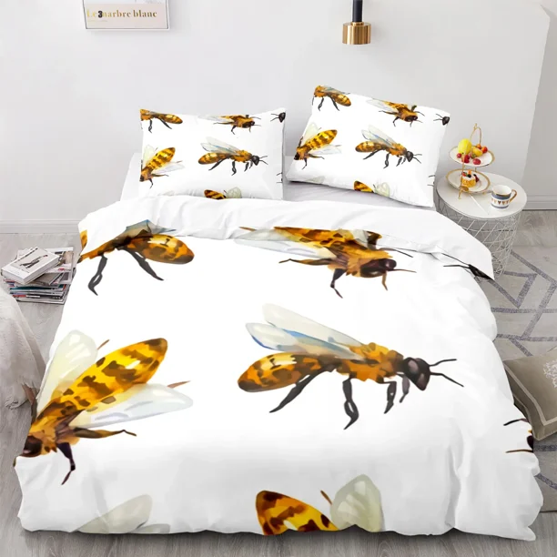 x975 Bed SheetsHoney Bee Duvet Cover Set, Black White Printing Piece Bedding Set, Twin/Full Size Crown Quilt Cover for Girls Boys 3-Piece Bedding Set (1 Duvet Cover + 2 Pillow Shams) nj975