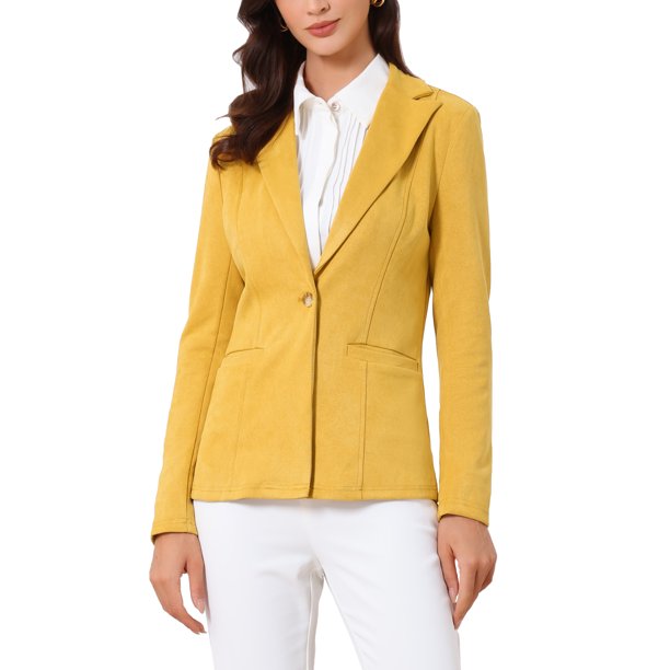 INSPIRE CHIC Chaqueta de Trabajo para Mujer de Imitación de Ante con Solapa, Mangas Largas, Talla XL, Amarillo