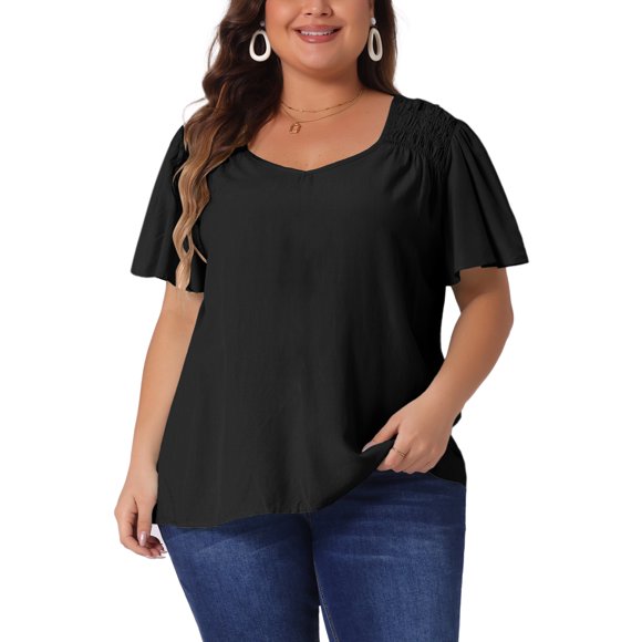 Agnes Orinda Blusa de Chifón de Verano con Cuello en V, Hombro Fruncido y Mangas con Volantes para Mujer de Talla Grande 1X Negro