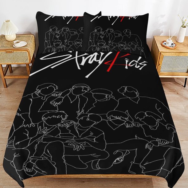 Stray Kids Bedding Set Duvet Cover Comfortable and Lightweight Cartoon Bedding 3 Piece Bed Set
