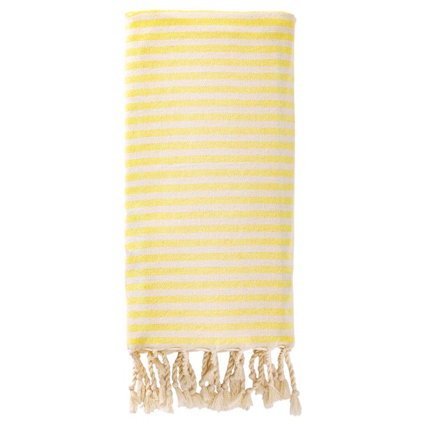 Toalla de Playa Turca REGALWOVEN Diseño de Flecos a Rayas Ligera Libre de Arena Secado Rápido Versátil para Viajes Yoga Picnic 1 Paquete Amarillo Claro 71" x 40"