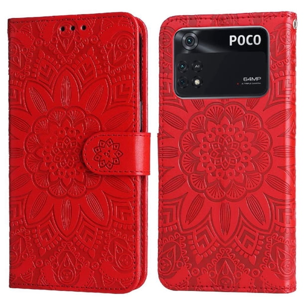 Funda tipo cartera FOXDOCK para Xiaomi Poco M4 Pro 4G , diseño girasol en relieve, cuero PU, cierre magnético, soporte y tarjetero