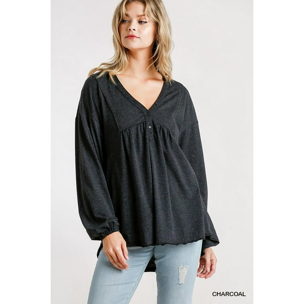 Top Babydoll de Manga Larga Abullonada con Detalle de Confeti, Botones en la Parte Delantera y Dobladillo sin Rematar M