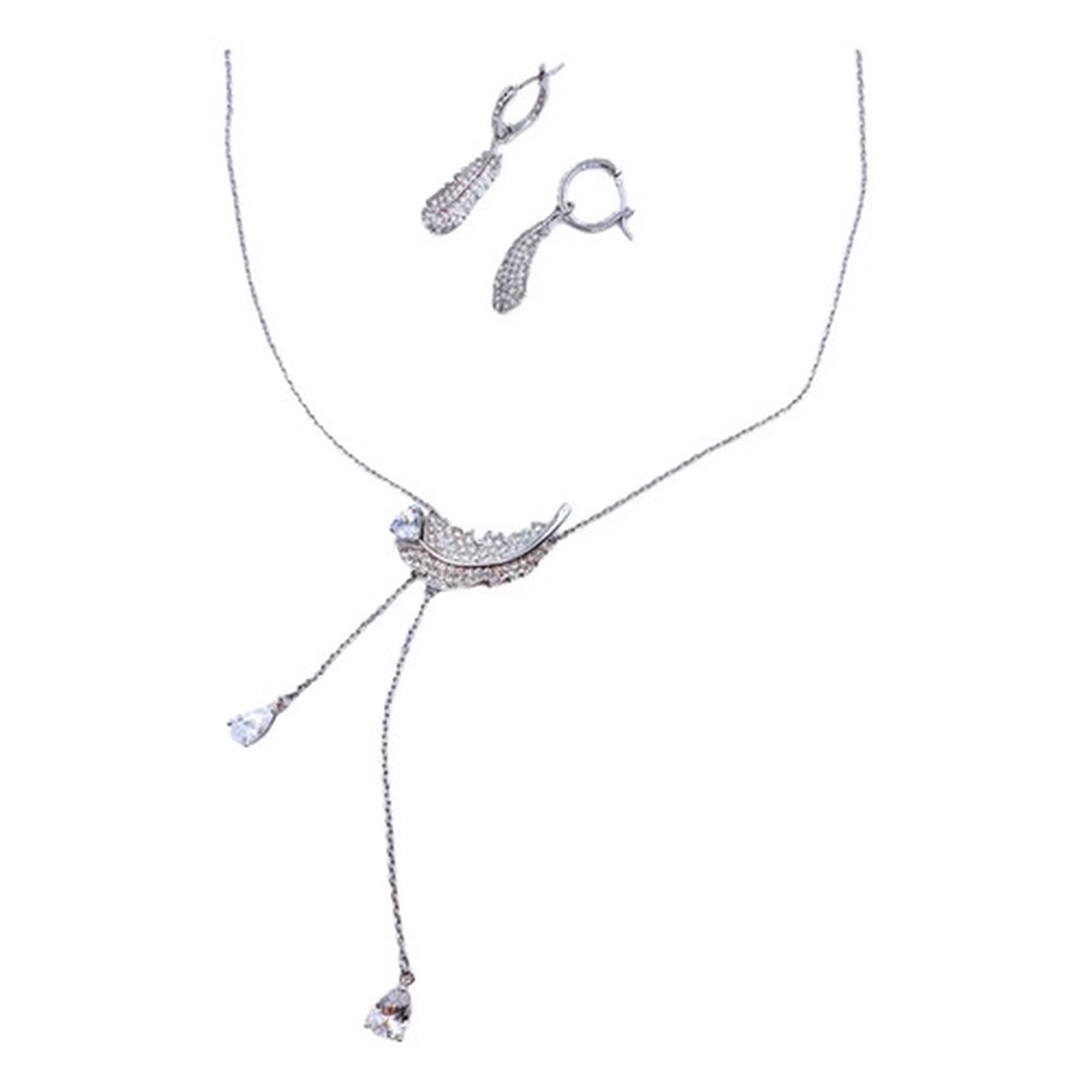 Marca - Conjunto Plumas Collar Y Aros Circonitas, Regalo, Fiesta