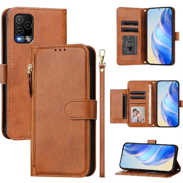 Funda tipo cartera para BLU View 5 Pro con bolsillo con cremallera, tarjetero, soporte, correa para la muñeca y tapa de cuero marrón