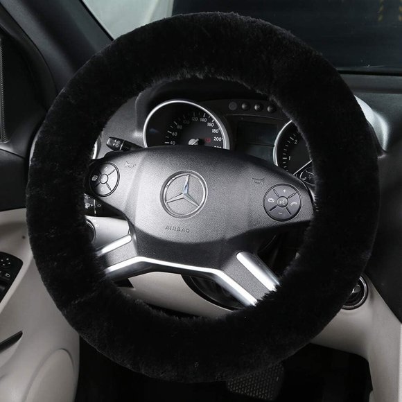 Black Fuzzy Sheepskin Car Steering Wheel Cover for Women, S