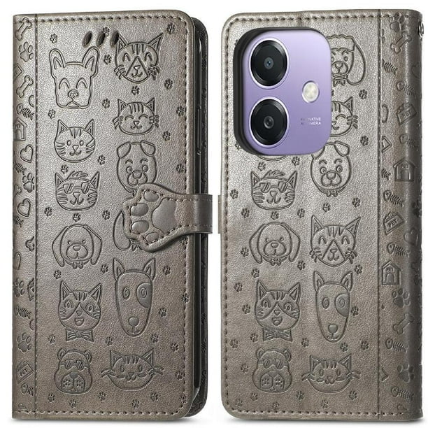 Funda Cartera FOXDOCK para OPPO A60 5G , Flip PU con Relieve de Gatos y Perros, Tarjetero y Soporte