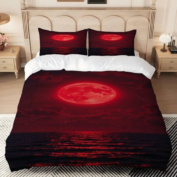 3pcs Red Moon Over Waves Print Bedding Set