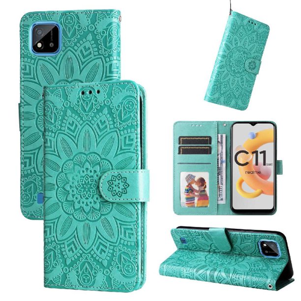 Funda tipo cartera FOXDOCK para Realme C11 , diseño girasol en relieve, cuero PU, cierre magnético, soporte y tarjetero