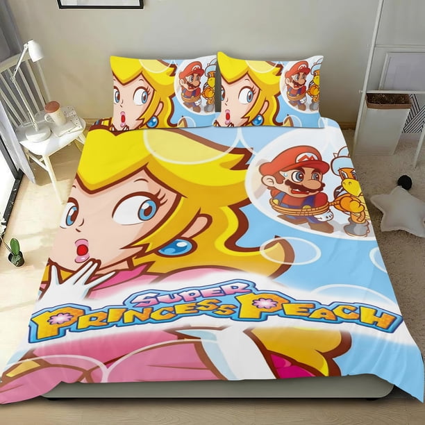 Princesa Peach Conjunto de sábanas temático, trío de piezas, cómodo y amigable con la piel, diseño único, regalo de decoración para el hogar para familiares, amigos y fans, 90 cm * 190 cm