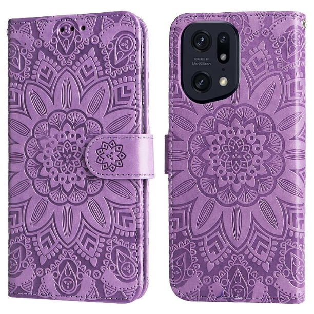 Funda tipo cartera FOXDOCK para OPPO Find X5 Pro , diseño girasol en relieve, cuero PU, cierre magnético, soporte y tarjetero