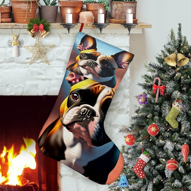 Bulldog Francés Tema: Calcetines de Navidad, fino lino blanco para colgar en escaleras y chimenea, decoración navideña para el hogar, regalo de Navidad.54cm×38cm