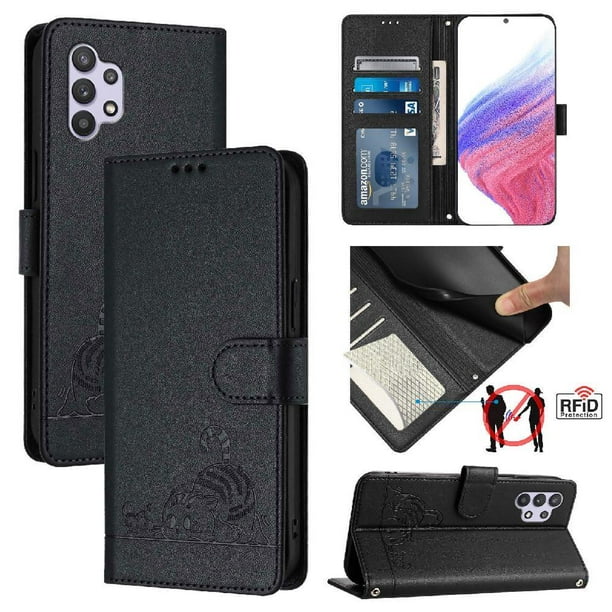 Funda tipo cartera FOXDOCK para Samsung Galaxy M32 5G con soporte, ranuras, RFID, diseño de gato