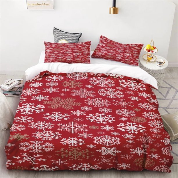 v2439 Bed Sheets Duvet Cover Christmas Snowflake Red and Black Plaid Three-piece Set One Quilt Cover Two Pillowcases Single Double Bed Queen Size 3-Piece Bedding Set (1 Duvet Cover + 2 Pillow Shams) B