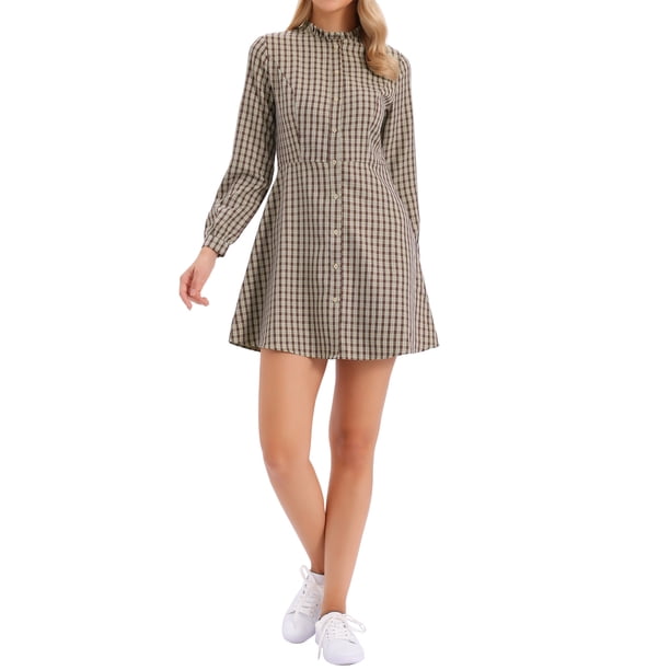 INSPIRE CHIC Vestidos de Mujer para Regreso a Clases con Estampado de Cuadros Vichy, Volantes, Cuello Simulado, Botones, Mangas Largas, Talla S, Marrón Caqui