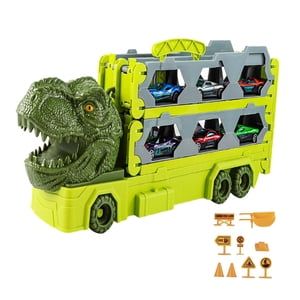 Magideal - Camión De Dinosaurios, Coches Deslizantes, Juguete Con 6 Minicoches Y 9 Señales De Tráfico, Vehículo De Dinosaurio Transformador Novedoso Para Niños,